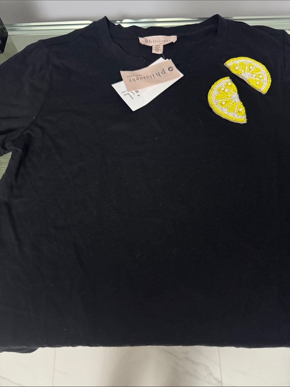 Philosophy Black Tee with Yellow Lemon Slice Patches